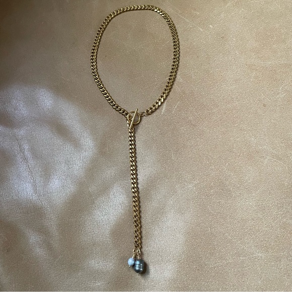 Genuine pearl gray blue on gold plated curb chain lariat toggle clasp necklace - Picture 5 of 10
